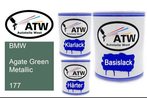 BMW, Agate Green Metallic, 177: 1L Lackdose + 1L Klarlack + 500ml Härter - Set, von ATW Autoteile West.